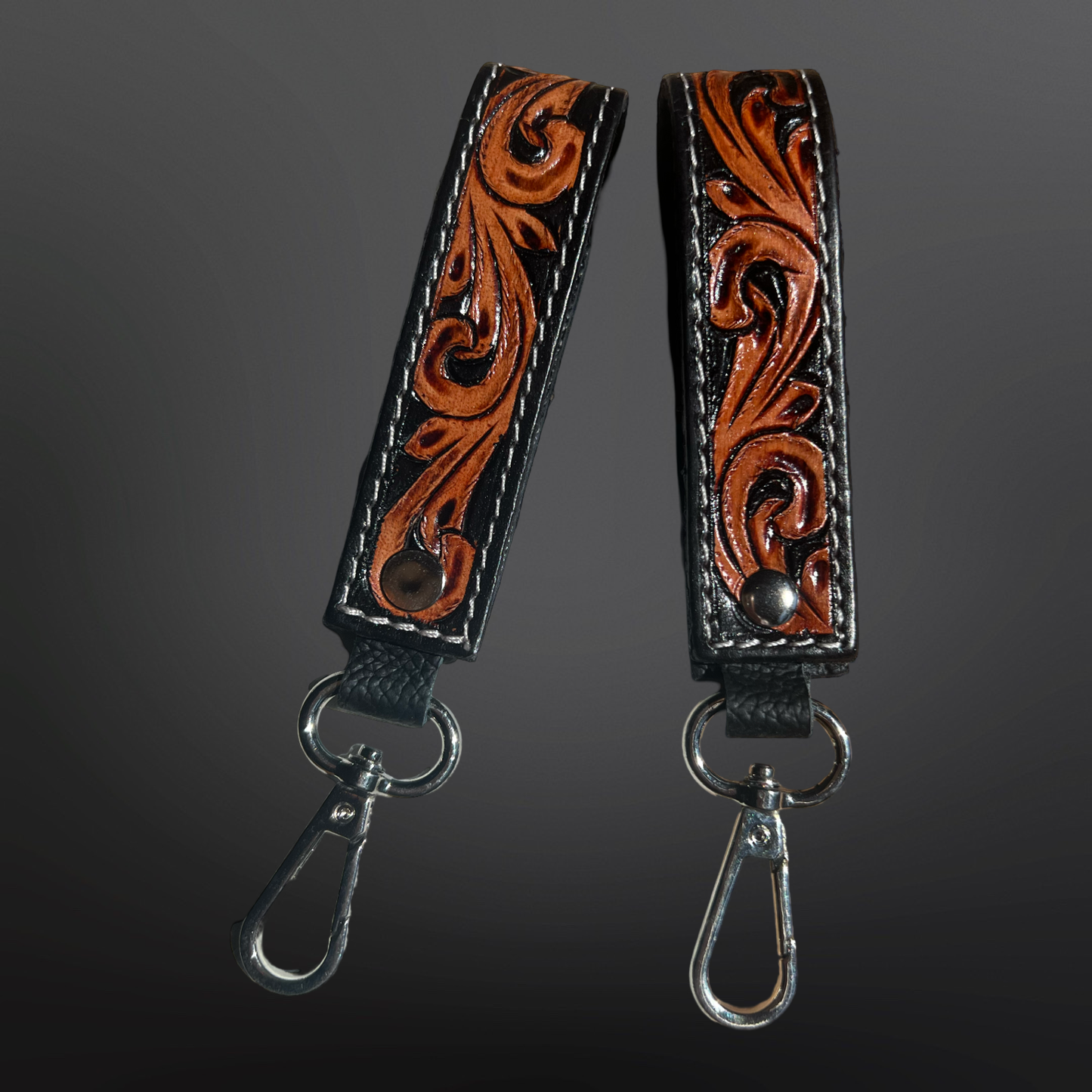 Black Tooled Leather Floral Keychain