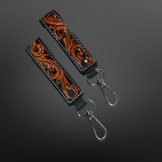 Black Tooled Leather Floral Keychain