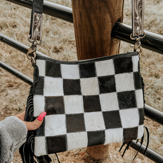 Rodeo Square Cowhide Checkered Purse